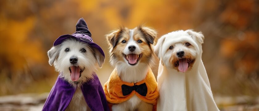 Three Cute Dogs Wearing Witch, Pumpkin, and Ghost Costumes in Autumn Woods