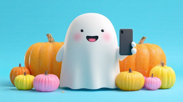 Cute 3D Ghost Holding Smartphone Surrounded by Colorful Pumpkins on Blue Background