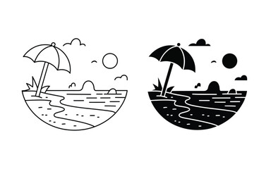 Fototapeta premium Seaside view with beach umbrella and sun vector icon design element