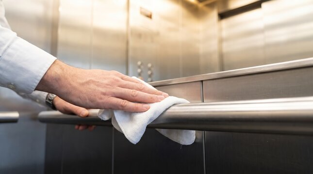 Close up of man hand wiping elevator handrail with white cloth. Janitor disinfecting metal surface for hygiene and safety. Sanitation service and infection prevention concept