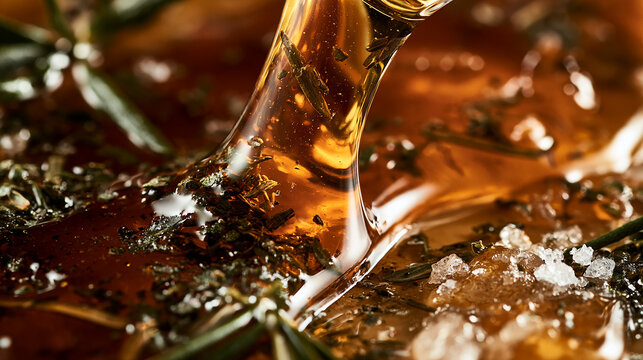 Golden Honey or Syrup Pouring in a Glossy Macro Food Texture