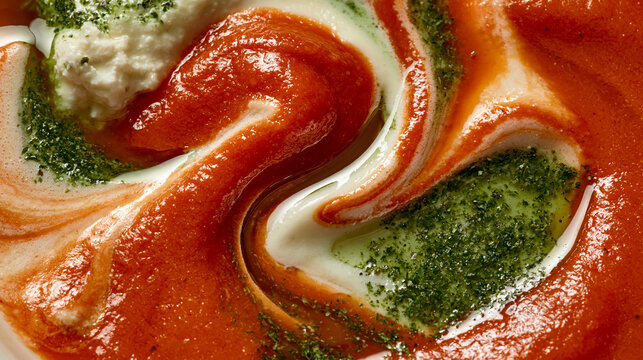 Abstract Swirls of Red Tomato Sauce, Green Herb Pesto and Creamy White Sauce Creating Vibrant Colorful Marbled Food Texture Background