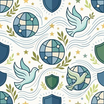 Peace and global unity concept seamless pattern featuring doves carrying olive branches globe and protective shields
