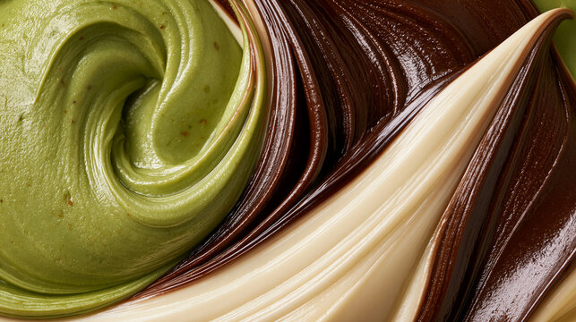 Glossy Matcha Chocolate and Vanilla Cream Swirl Texture Background