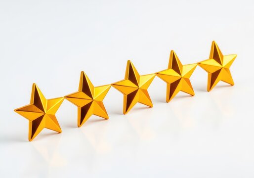 A set of brilliant golden stars arranged horizontally on a clean white surface, showcasing high quality, excellence and top performance, quality, isolated, bright