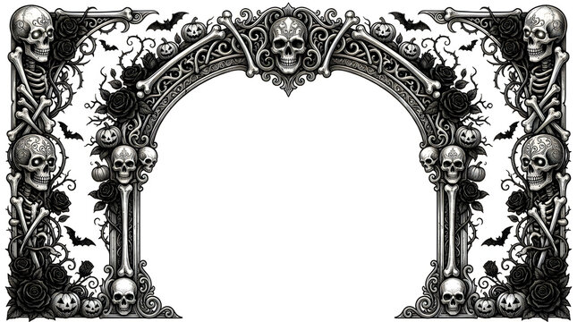 Gothic archway frame decorated with skulls and intricate floral patterns for halloween or dark fantasy design