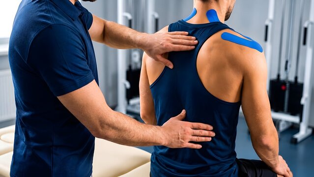 Sports physiotherapist checking blue kinesiology tape on male athlete shoulder and back for muscle recovery