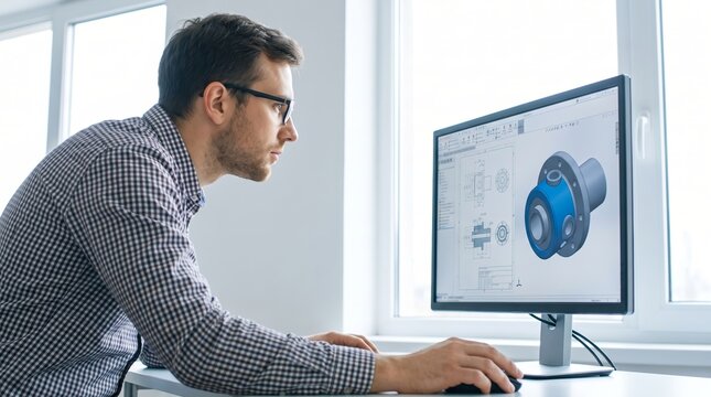 Man engineer working on computer designing 3d mechanical part in cad software. Industrial product development and manufacturing technology concept for engineering and prototyping