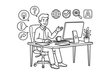 Fototapeta premium Businessman working at computer line art illustration with business icons