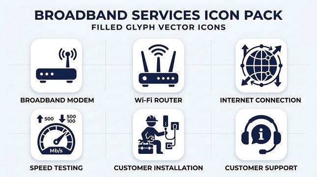 Broadband internet and network glyph icon set featuring wifi router modem speed test installation technician and support services