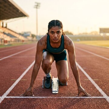 Focused female athlete in starting blocks at running track stadium during sunrise with sprinter runner determined woman sports training