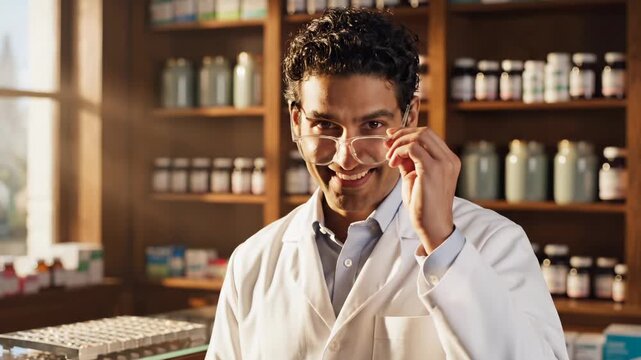 Male pharmacist smiles in pharmacy near medicine shelf. Pharmacist stands in drugstore wearing white coat. Male chemist in pharmacy with bottles. Healthcare professional at pharmacy smiling.
