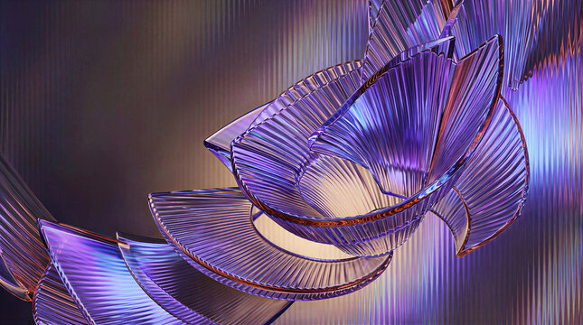 Iridescent purple and violet fluted glass fan structures arranged in layered spiral pattern on dark background. Abstract translucent glass texture design wallpaper template with copy space