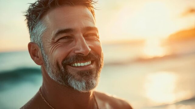 Smiling bearded man enjoying the sunset on the beach