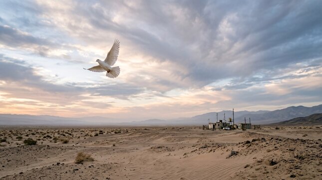 White dove soaring high over vast desert landscape under dramatic cloudy evening sky with soaring bird evening horizon nature flight