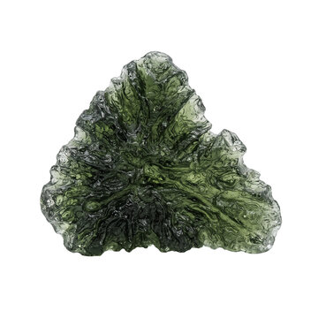 A single piece of raw green moldavite tektite isolated on a solid black background