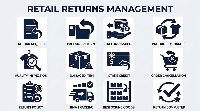 Retail returns management vector icon set with commerce, refund, exchange, and shipping symbols