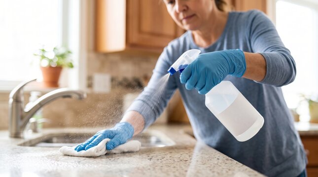 Woman cleaning kitchen countertop with disinfectant spray and cloth wearing protective glove. Household hygiene and sanitation concept for domestic cleanliness and housework chores