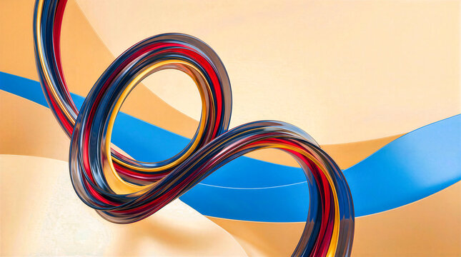 Abstract looping glossy ribbon in dark navy blue and burgundy red with metallic gold accent. Dynamic spiral motion concept on smooth beige and light blue backdrop for luxury modern design