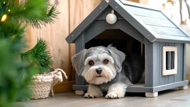 Small fluffy puppy peeking from a miniature house next to a Christmas tree