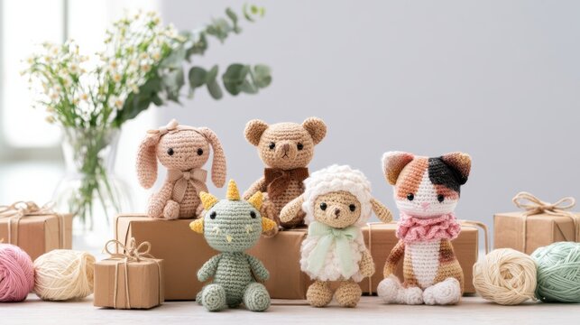 Five adorable crocheted animal dolls displayed with yarn balls and gift boxes on a table, set against a soft, bright background.