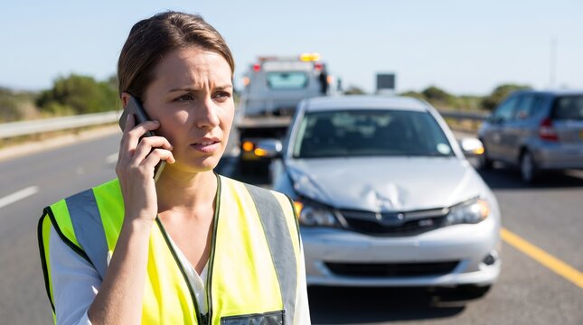 Worried woman in safety vest calling for help on phone after car accident on highway. Damaged vehicle and tow truck background. Roadside assistance and insurance claim concept.