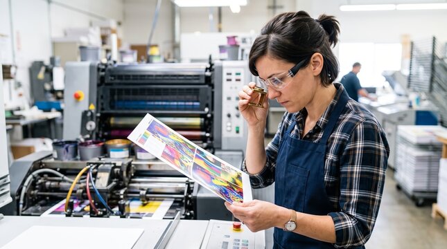 Woman print operator inspecting color proof with magnifier in printing house. Quality control in offset press production. Professional manufacturing and industrial printing service concept