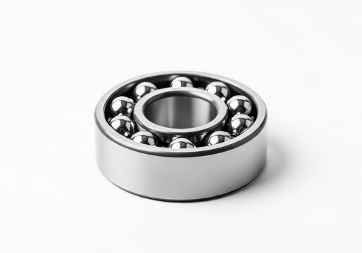 A single high-precision steel ball bearing featuring polished metallic spheres and rings, isolated on a pure white studio background, iron, orbit, object