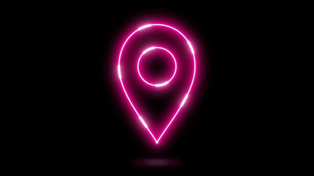 Neon pink glowing location pin icon symbol isolated on a black background for digital navigation mapping systems and modern interface design