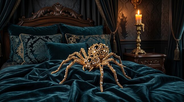 Steampunk mechanical spider resting on a bed in a dark vintage room