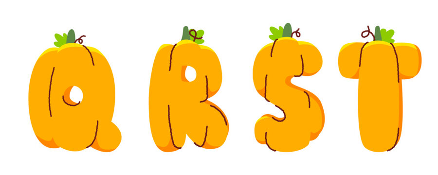 Hand drawn pumpkin alphabet letters Q R S T set, cute orange vegetable font illustration vector.