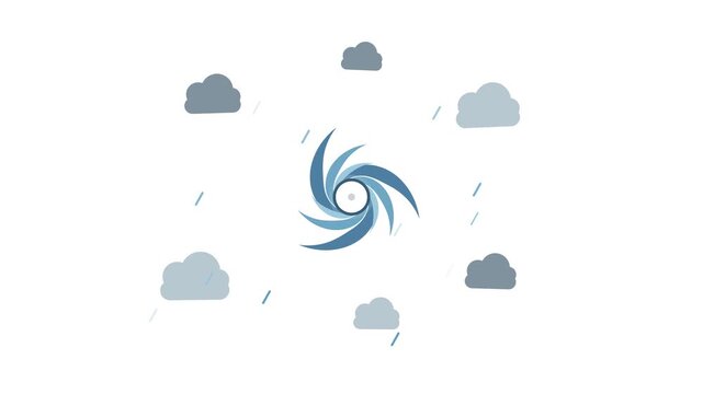 Flat 2D hurricane cyclone symbol with rotating spiral clouds and rainfall