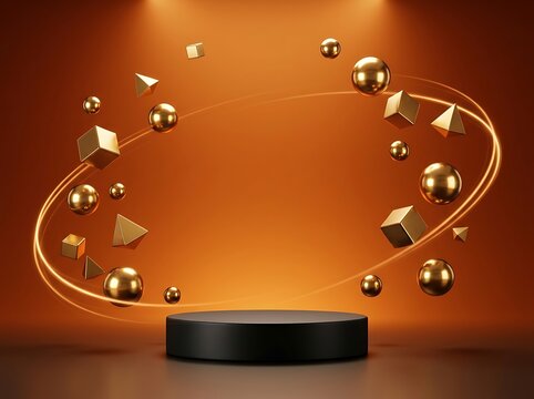 Black podium with floating gold spheres and cubes on a warm orange background for product display