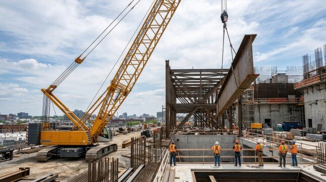 Construction crane lifting steel beam at urban building site with workers