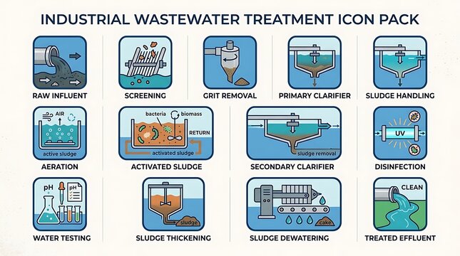 Industrial wastewater treatment icons set showing steps from raw influent to treated effluent