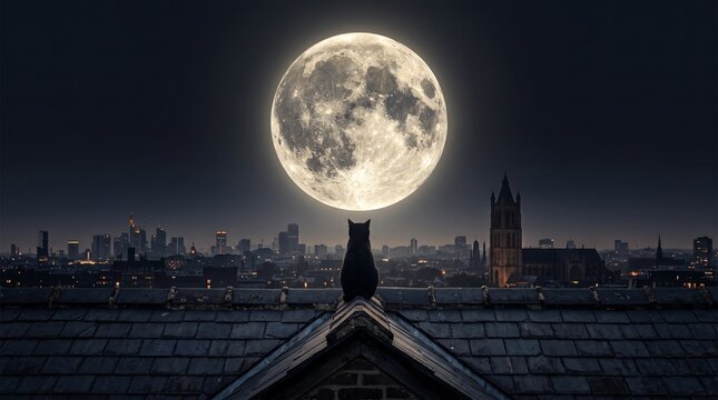 Silhouette of a cat sitting on a roof under a large full moon at night