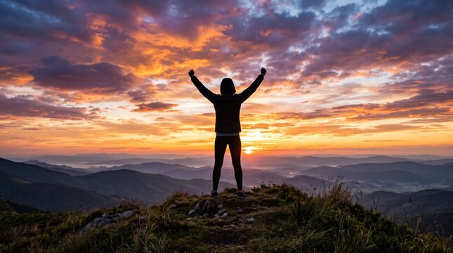 Silhouette of successful hiker standing on mountain peak with arms raised in victory pose against dramatic colorful sunset sky, achievement and freedom, outdoor adventure
