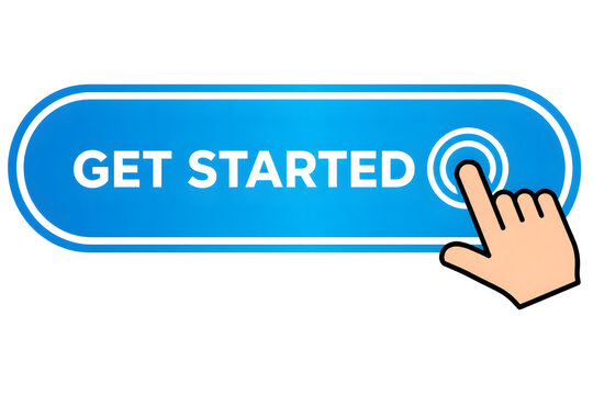 Hand clicking blue get started button on digital interface for new project launch