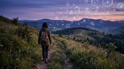 Fototapeta premium Woman hiking on mountain path at sunset with fantasy glowing bubbles floating in sky, surreal nature landscape, dreamy travel adventure, magical atmosphere, scenic valley view