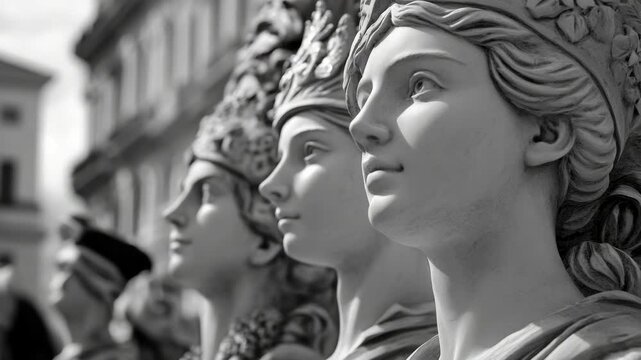 Close-up of Classical Stone Sculpture Faces in Black and White