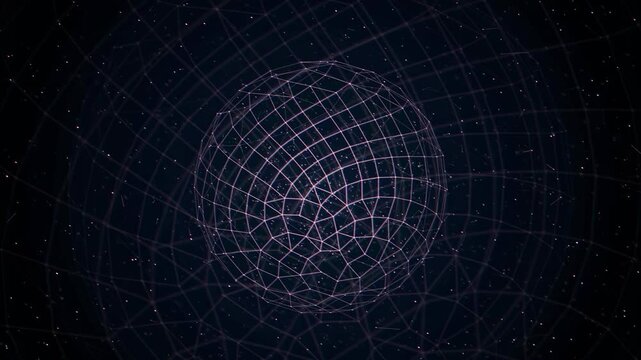 Abstract Digital Globe Wireframe Rotating in Deep Space with Glowing Network Connection Points