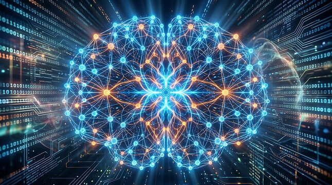 Glowing futuristic neural network with dynamic data flow and AI technology visualization