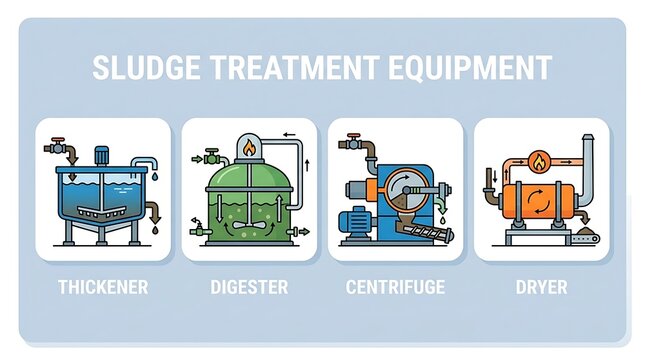 Vector illustration set of industrial wastewater sludge processing machinery for environmental sewage treatment plants