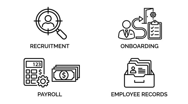 Set of linear outline icons for human resources management including talent acquisition and payroll processing