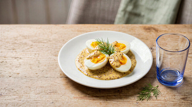 Hard boiled eggs topped with creamy whole grain mustard sauce and fresh green dill on white plate. Served on wooden table next to blue glass cup, delicious healthy breakfast gourmet food meal