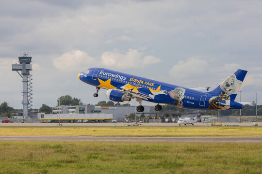 Hannover, Germany &ndash; 17 August 2026 Eurowings Airbus A320-214 9H-EUM in Europa-Park Livery Taking Off from Hannover Airport