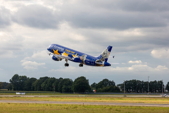 Hannover, Germany &ndash; 17 August 2026 Eurowings Airbus A320-214 9H-EUM in Europa-Park Livery Taking Off from Hannover Airport