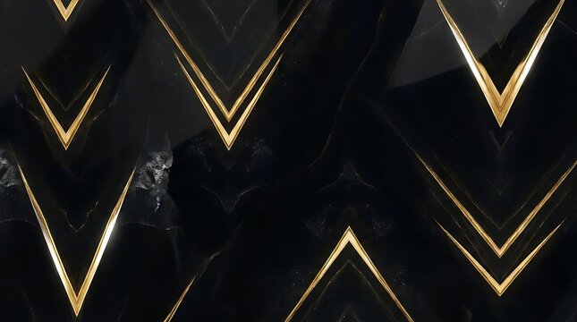 Black marble stone surface featuring symmetrical gold geometric v shaped veins