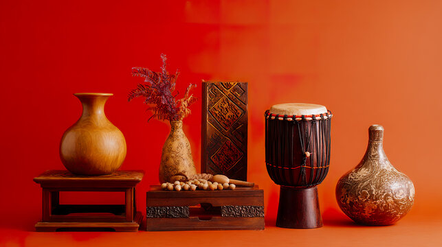Traditional African household artifacts including ceramic vases, tribal drum, and decorative objects displayed on a red surface. Cultural exhibitions, education, museums