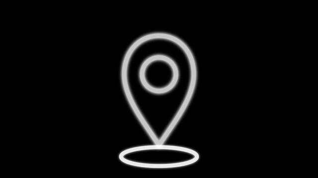Glowing neon white location pin icon with pointer circle shadow isolated on black background, minimalist GPS navigation map marker graphic